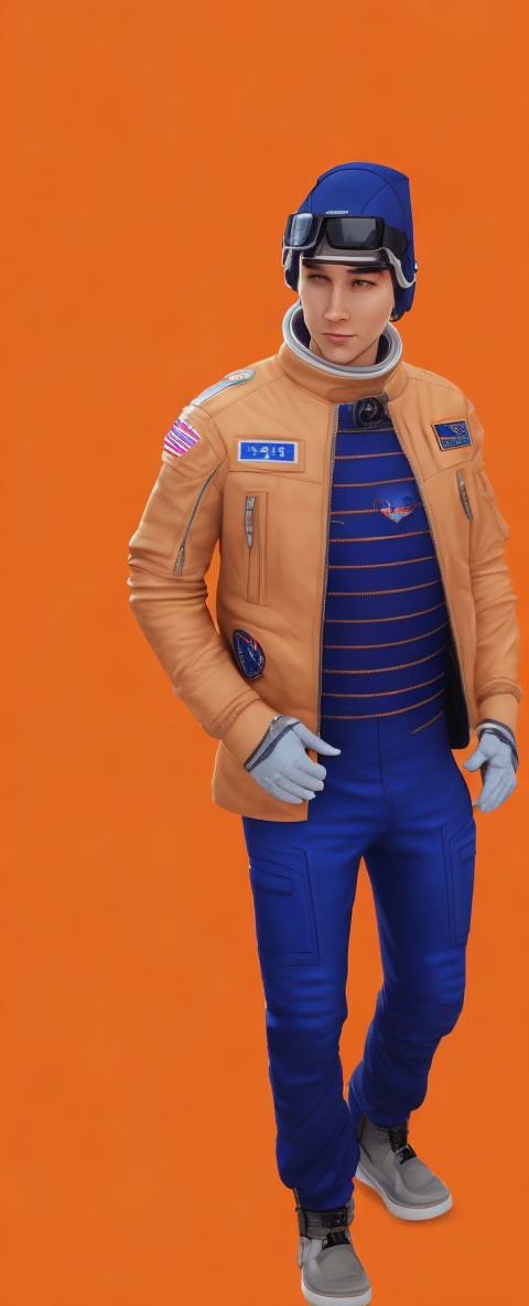 Astronaut-inspired outfit with tan jacket and blue pants on orange background