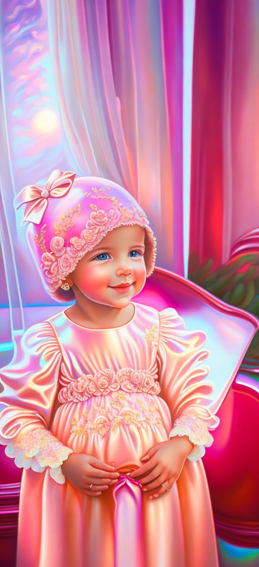 Smiling child in pink dress with floral details on vibrant abstract background