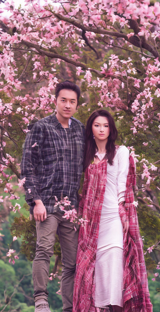 Couple posing under pink cherry blossom tree in white dress and plaid shirt