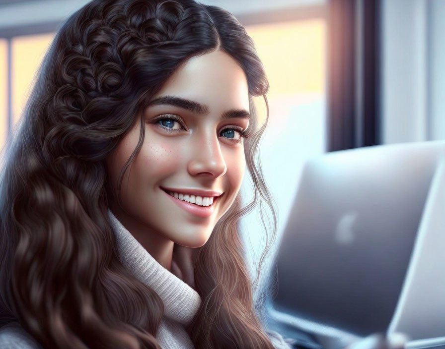 Digital Artwork: Smiling Woman with Curly Hair and Blue Eyes Engaged with Laptop