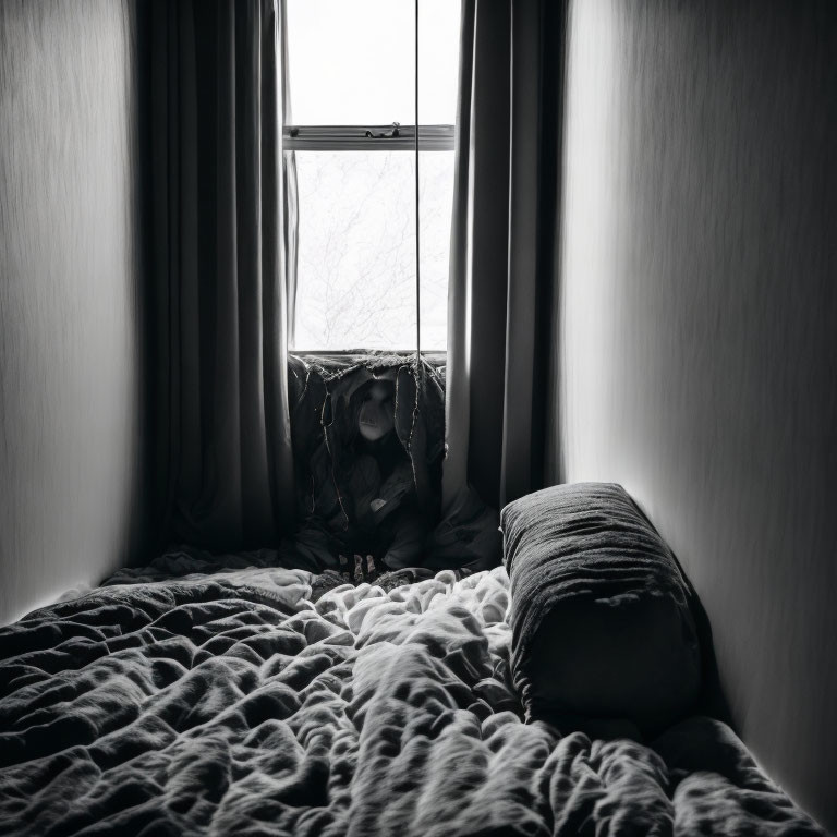 Cozy, unmade bed in monochrome bedroom with open window