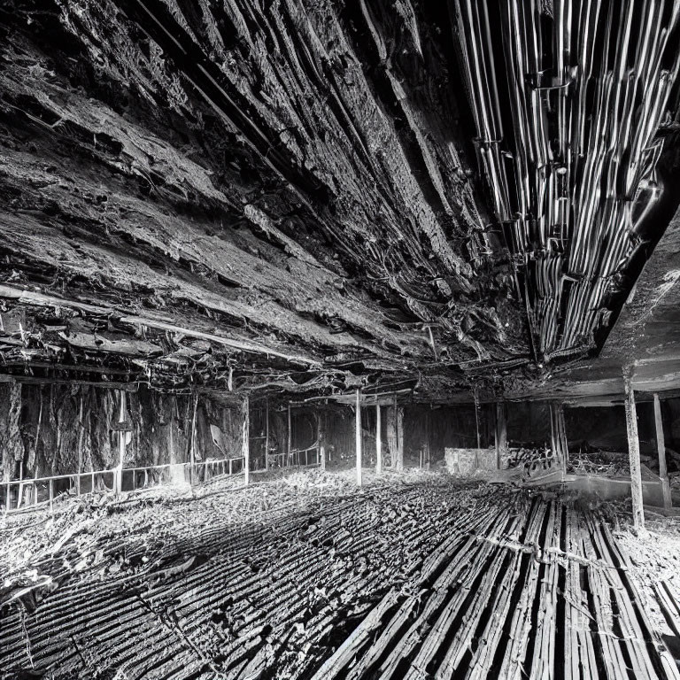 Decaying interior of abandoned building with exposed beams and collapsed flooring