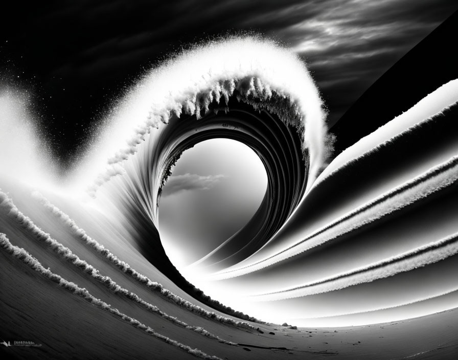 Surreal black and white image of massive wave with intricate patterns and cosmic motion