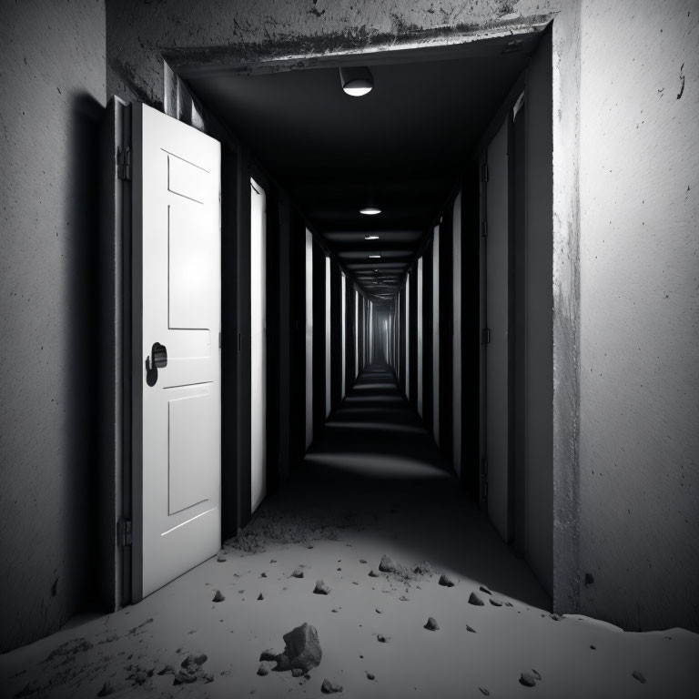 Dimly Lit Abandoned Corridor with Closed Doors and Debris