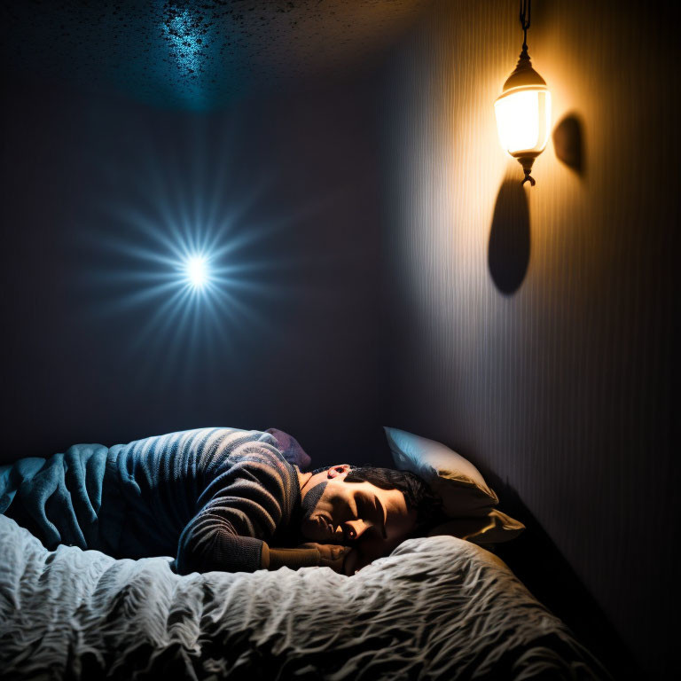 Person sleeping under warm glow of wall lantern with starry ceiling effect