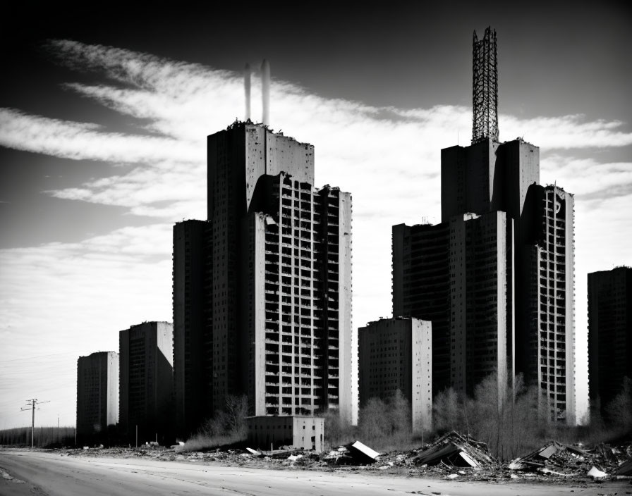 Abandoned high-rise buildings under cloudy sky with construction debris.