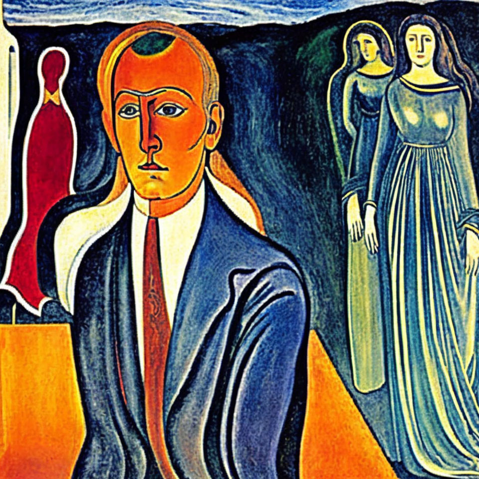 Vibrant expressionist painting with stern-faced man and women figures