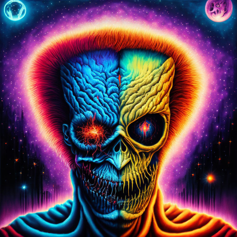 Detailed skull with exposed brain, glowing eyes, cosmic backdrop.