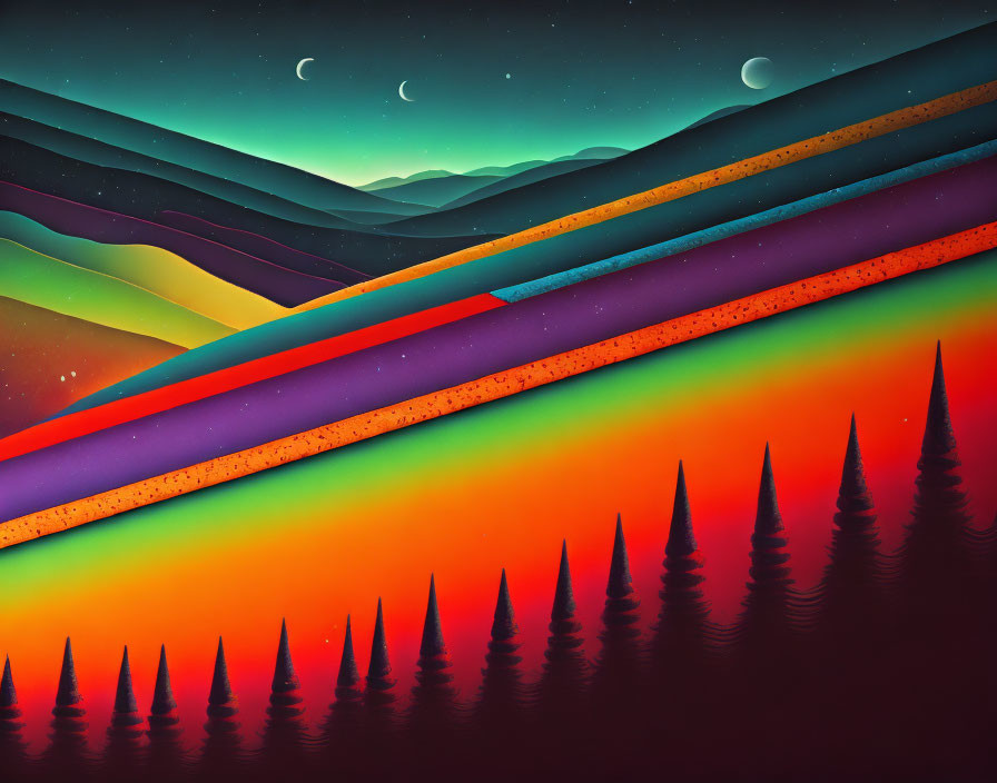 Colorful digital art landscape with layered hills and starry sky.