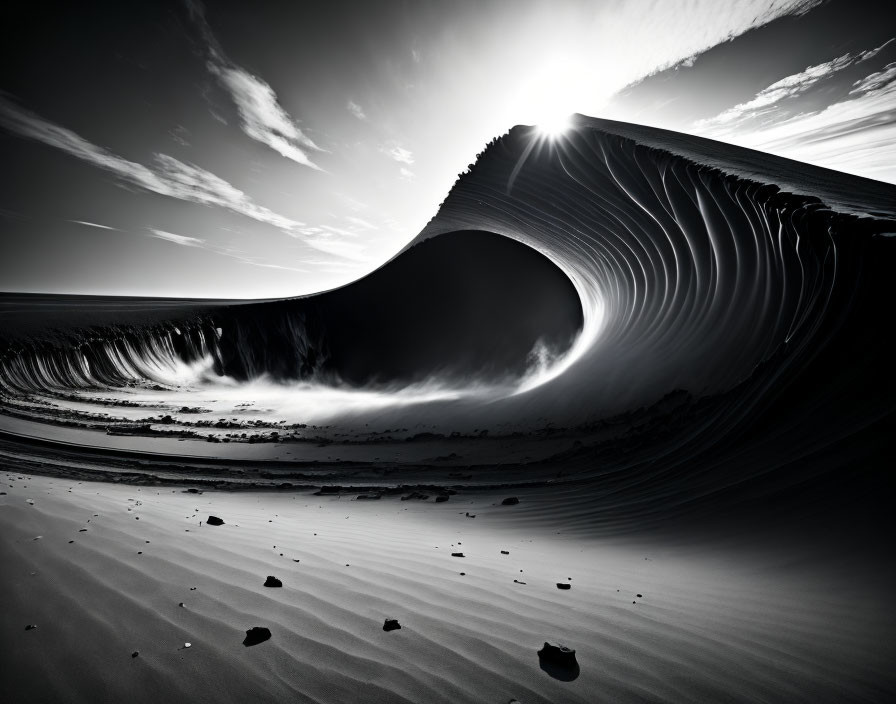 Monochrome photo: Sand dune's curves under sunlight