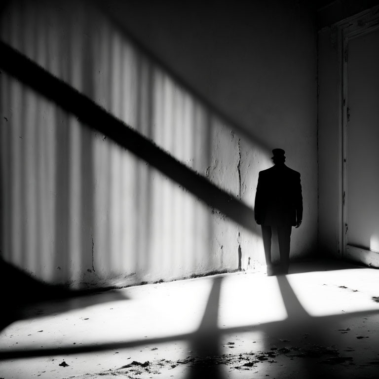 Silhouetted Figure in Dimly Lit Room with Strong Light Rays