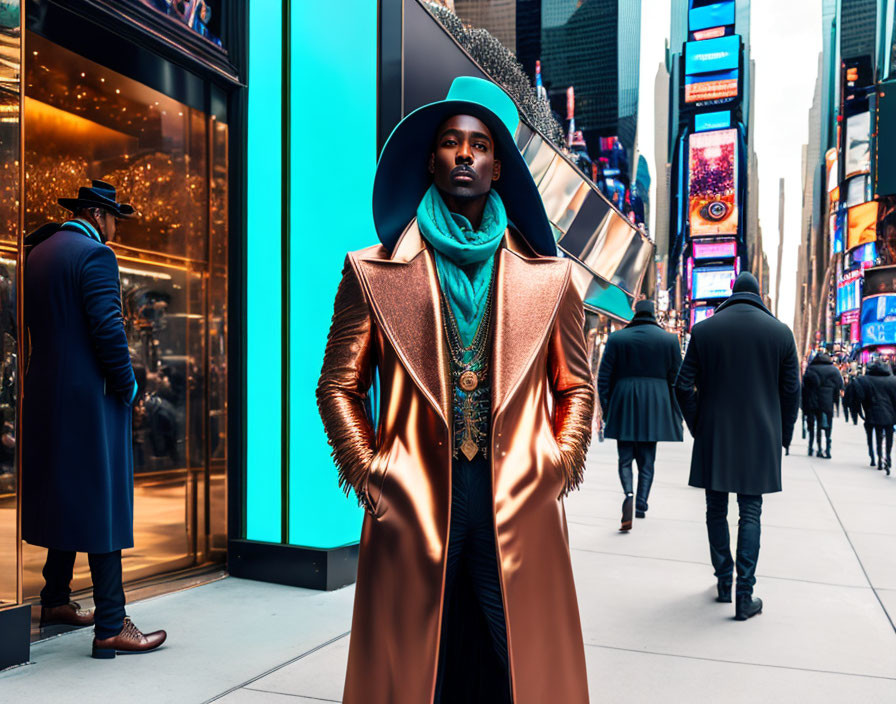 Person in Metallic Coat and Wide-Brimmed Hat in Urban Scene