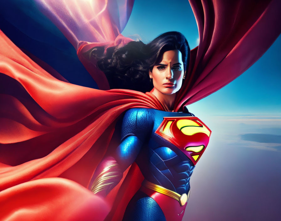 Female superhero with red cape and "S" emblem against blue sky