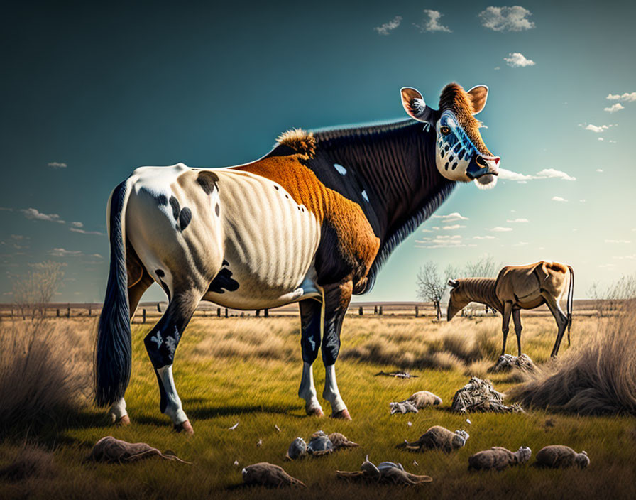 Digital artwork: Cow with patchwork animal skins on prairie with bones