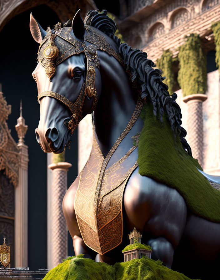 Regal Black Horse with Gold Bridle and Green Blanket in Architectural Setting