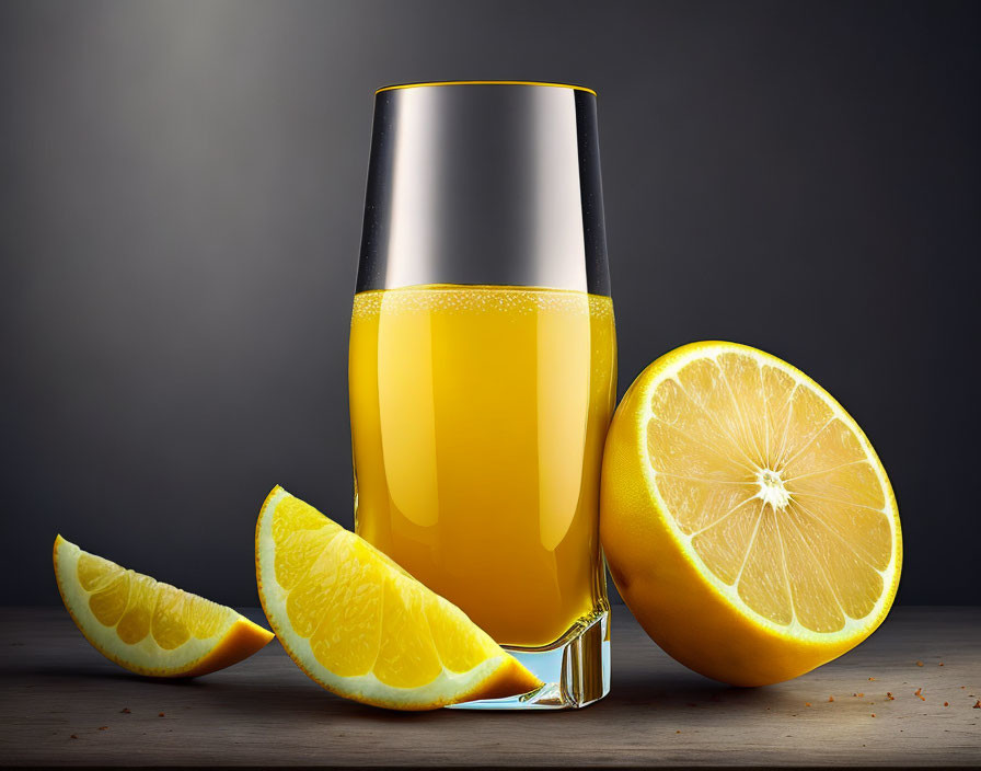 Fresh orange juice with slices on wooden surface against dark backdrop