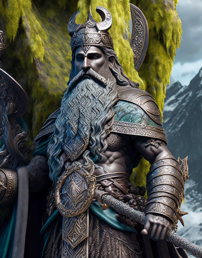 Stoic warrior in elaborate armor with shield and sword against mossy mountain.