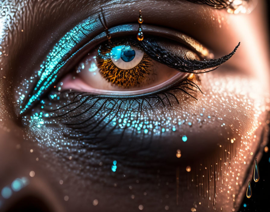 Decorated eye with glitter, dramatic eyeliner, and mascara close-up with water droplets