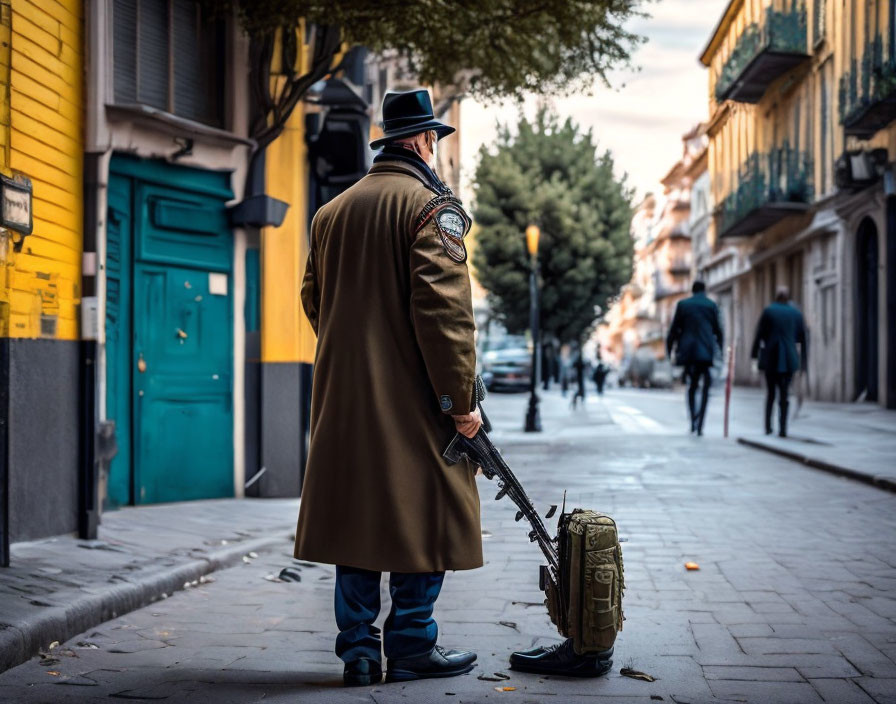 Person in trench coat and hat with bag and trumpet case on city street