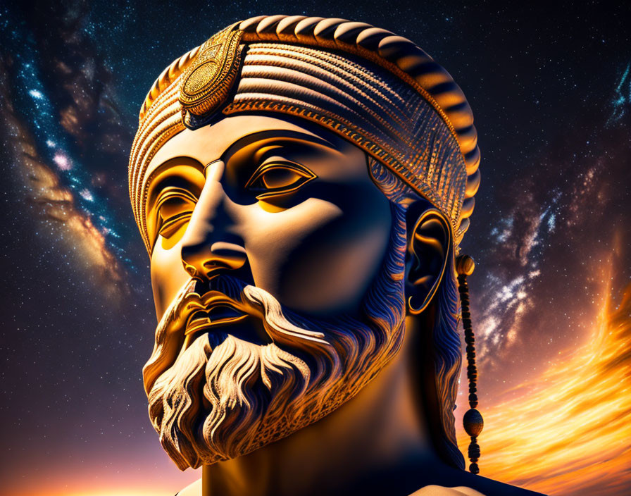 Golden statue with bearded face in detailed headdress against cosmic sky