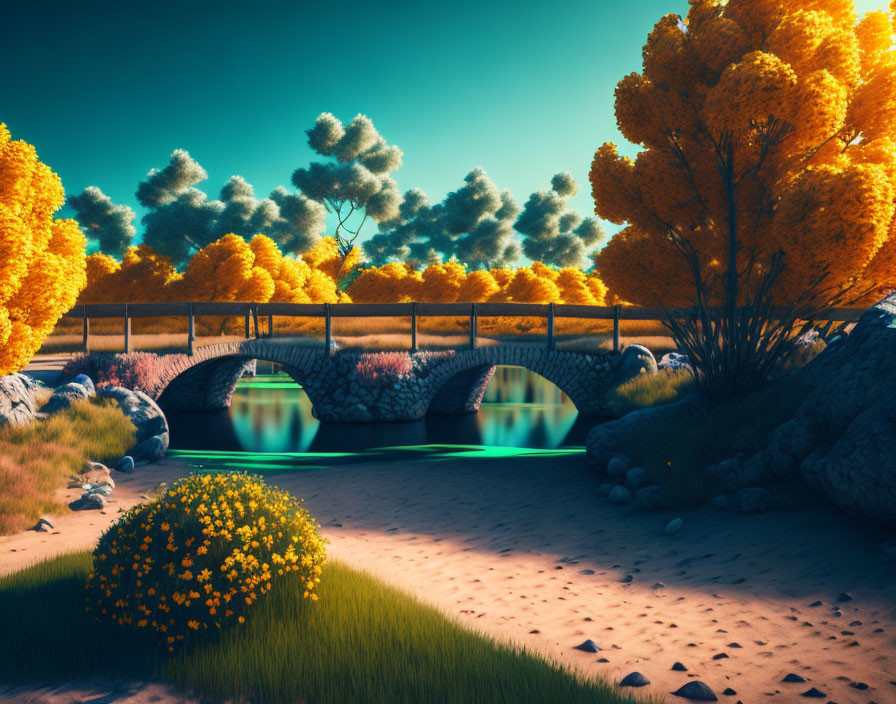 Tranquil river scene: stone bridge, yellow foliage, blue sky