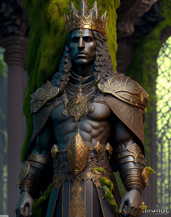 Blue-skinned male figure in golden armor and crown in forest setting