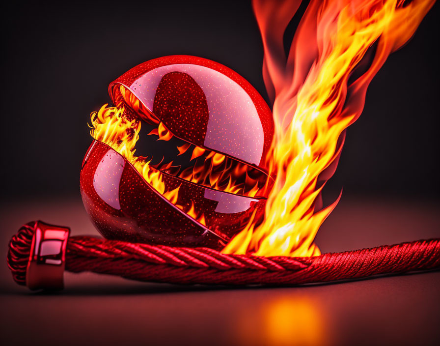 Digital Artwork: Fiery Pokeball on Red Rope Against Dark Background