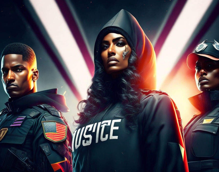 Three individuals in law enforcement attire with dramatic backdrop: male on left, female center with hood, and