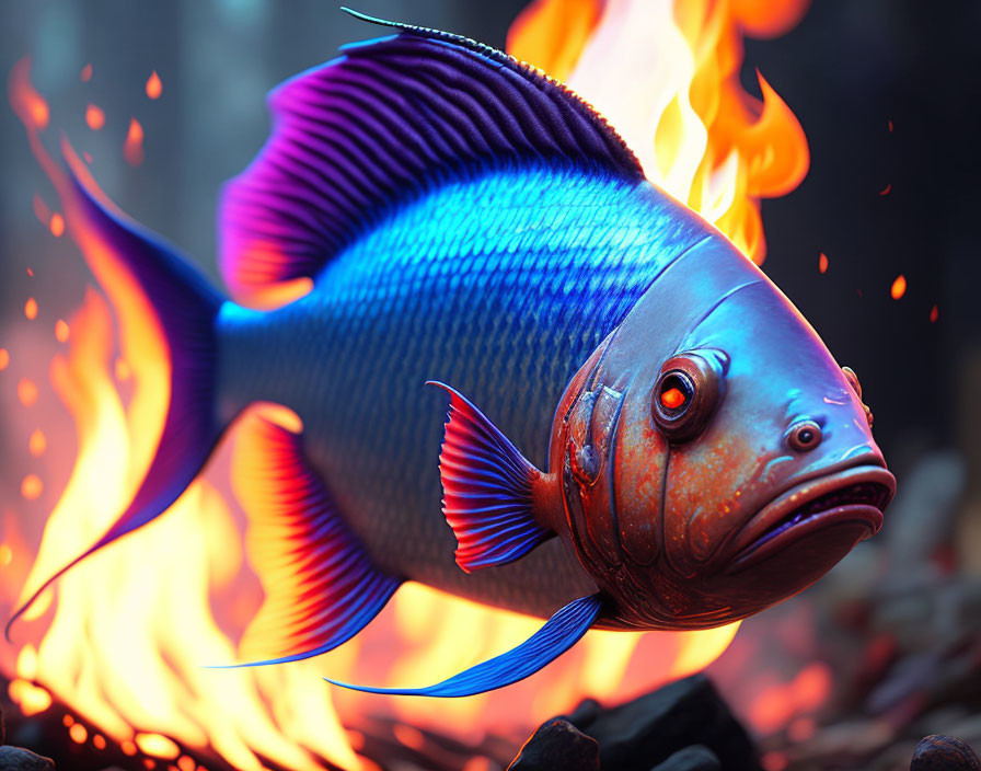 Realistic, Vibrantly Colored Fish Surrounded by Flames and Embers