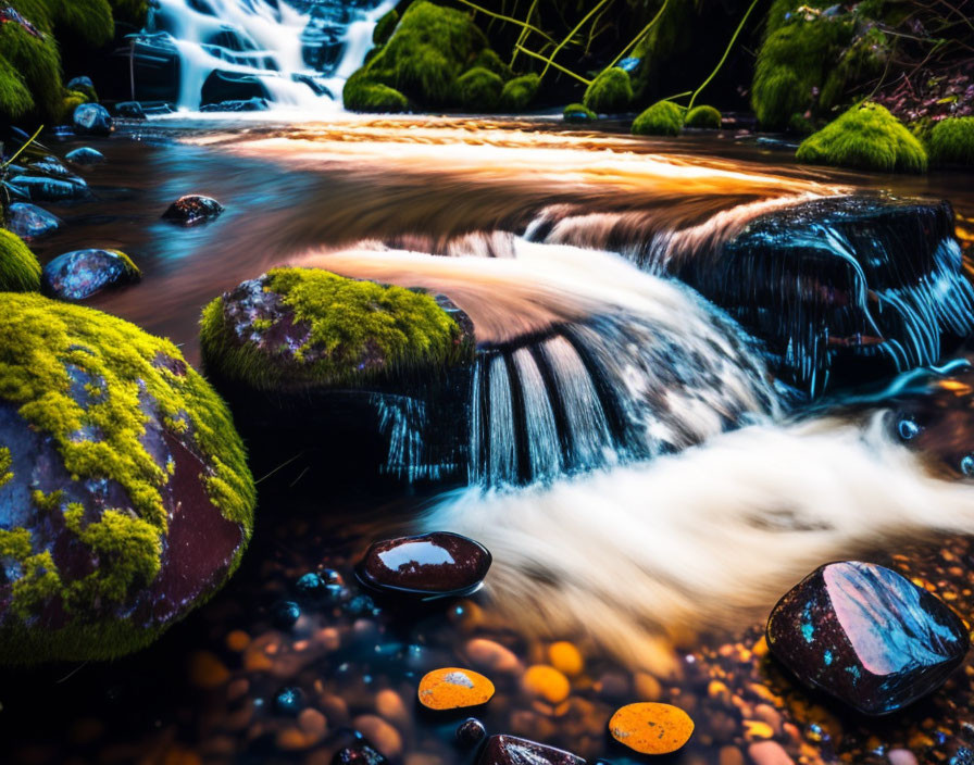 Serene stream with moss-covered rocks and lush vegetation