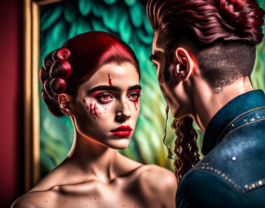 Stylized portrait of woman with red hair and makeup gazing at man with punk hairstyle on green