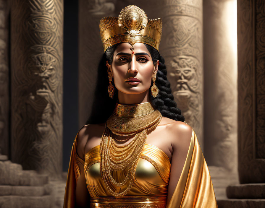 Regal Woman in Golden Attire and Jewelry Stands by Stone Pillars