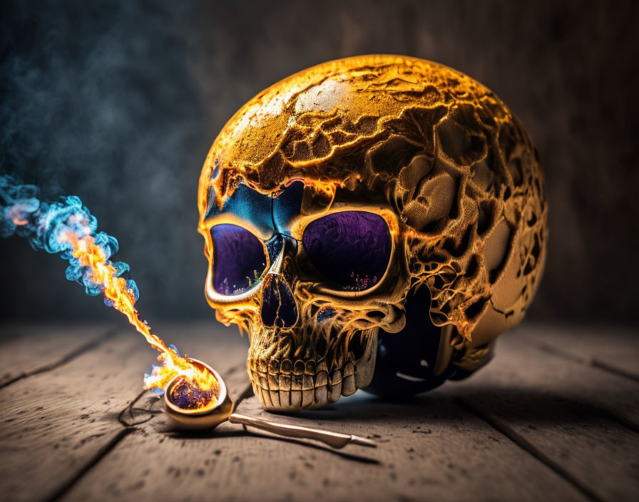 Golden skull emitting smoke with blue eyes and match on wooden surface