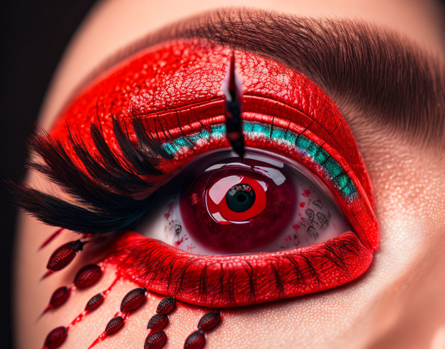 Detailed Close-Up of Bright Red Eyeshadow and Colorful Contact Lens