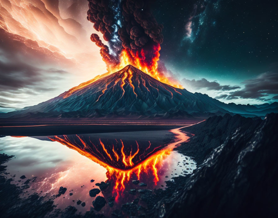 Starry night sky over volcanic eruption with flowing lava