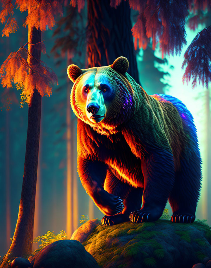 Colorful Bear in Neon Forest with Ethereal Light