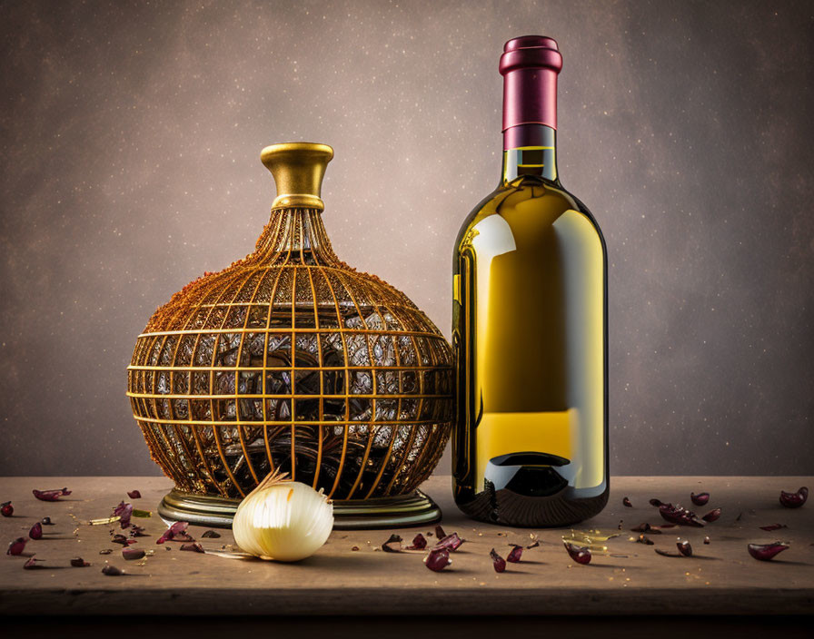 Round wicker bottle holder with wine bottle, onion, and purple petals on wooden surface