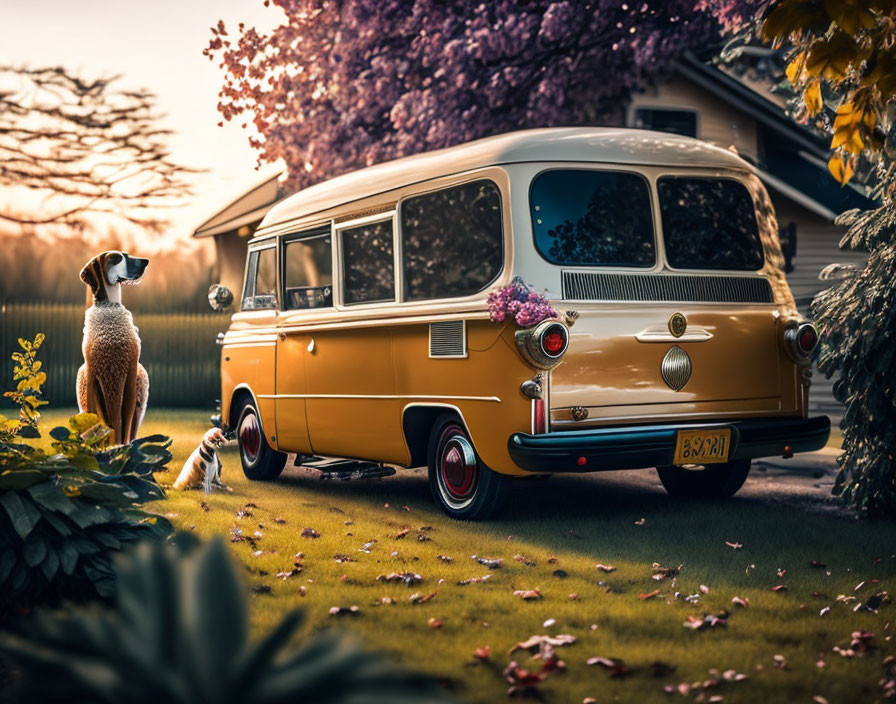 Vintage Yellow and White Van with Dog on Lawn at Sunset