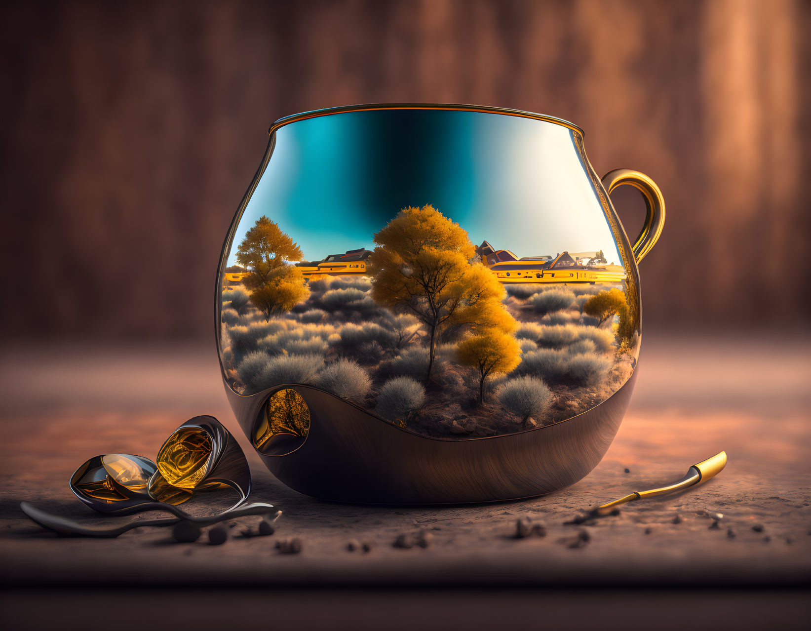 Goldfish bowl showcasing autumn landscape and broken piece with spilled water.