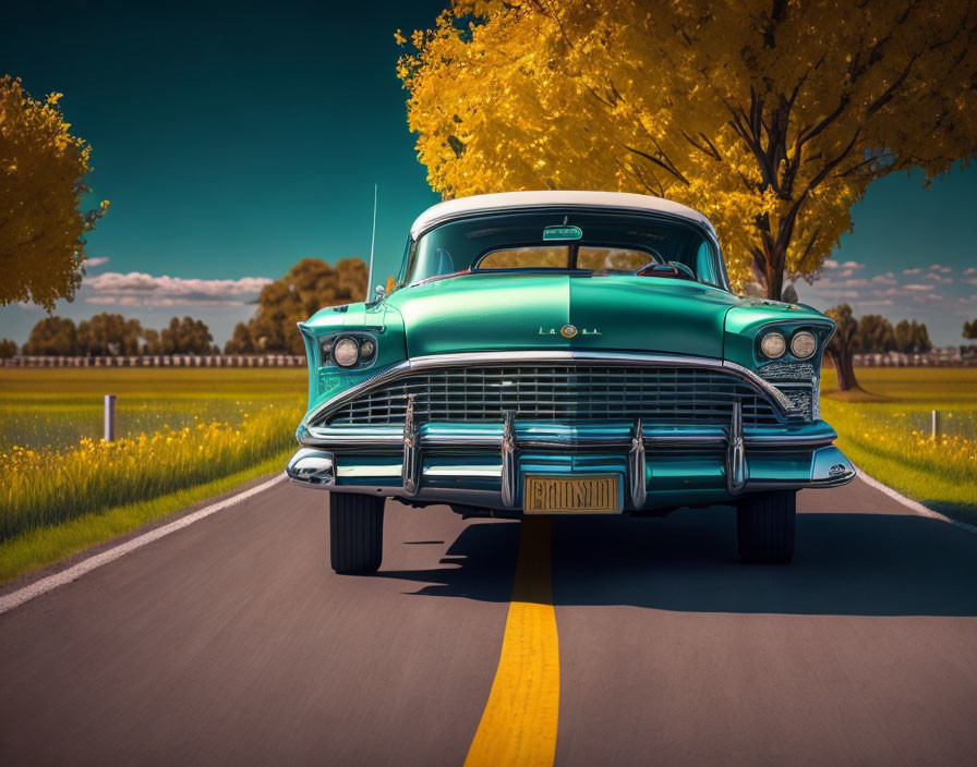 Classic Turquoise Car Driving on Road with Yellow Trees and Blue Sky