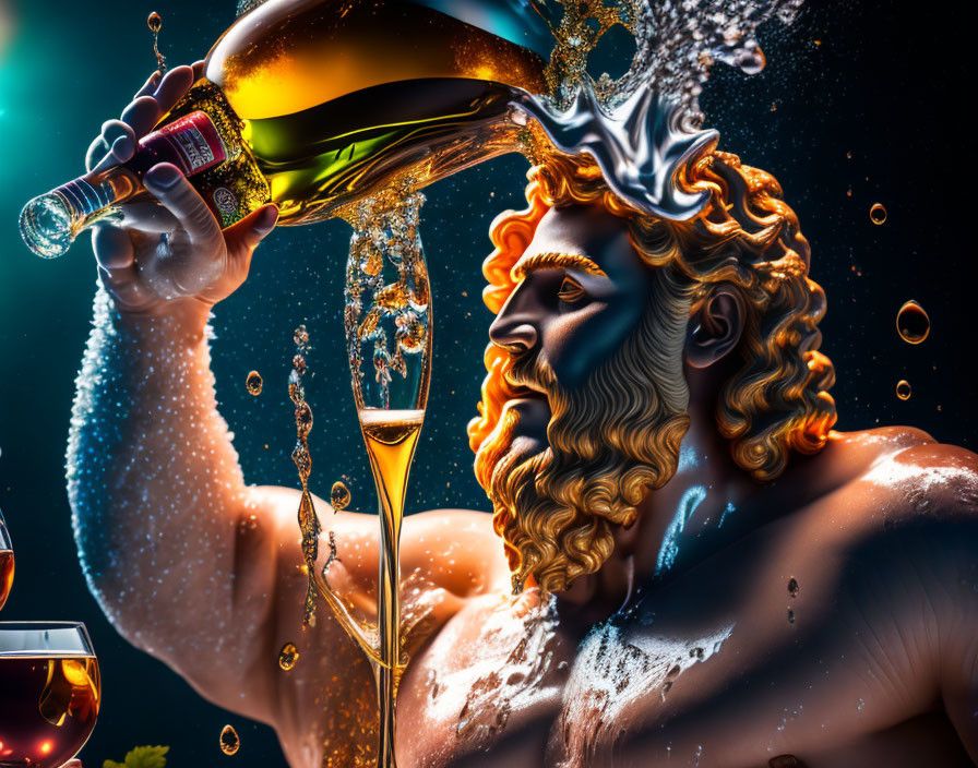 Mythical figure with golden hair and beard pouring sparkling amber liquid.