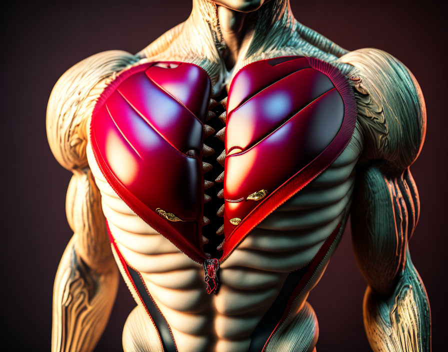 Muscular humanoid figure in red armor chest piece on red background