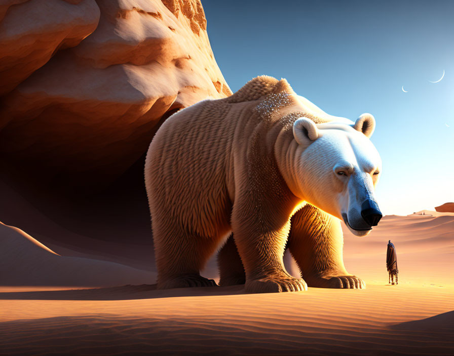 Enormous polar bear and human figure in desert landscape at sunrise.