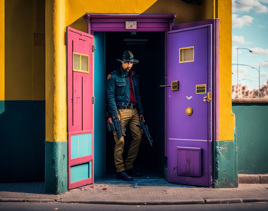 Police officer in uniform at colorful doorway with purple door