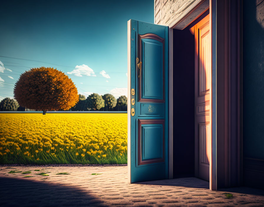 Vivid blue open door showcasing field of yellow flowers and lone tree