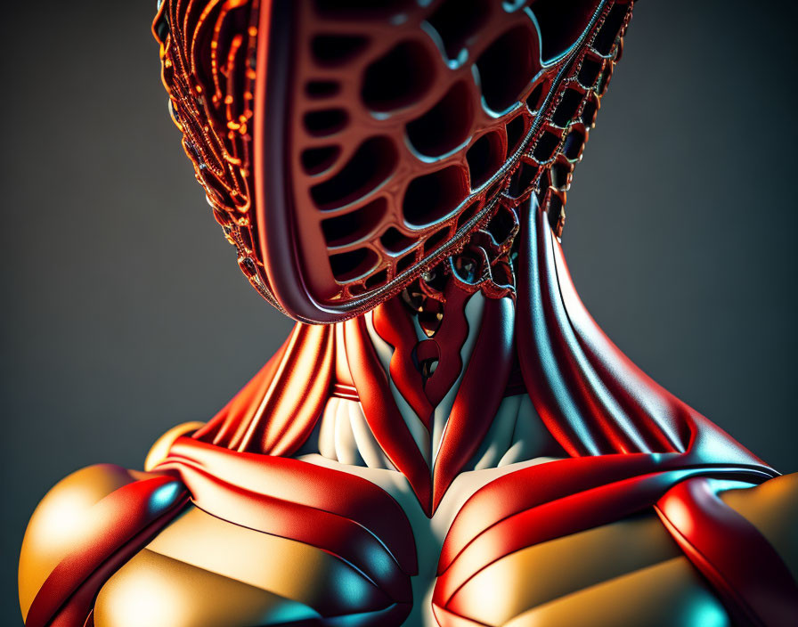 Abstract 3D Render: Sculpture with Lattice Structure Head and Metallic Neck & Shoulders in