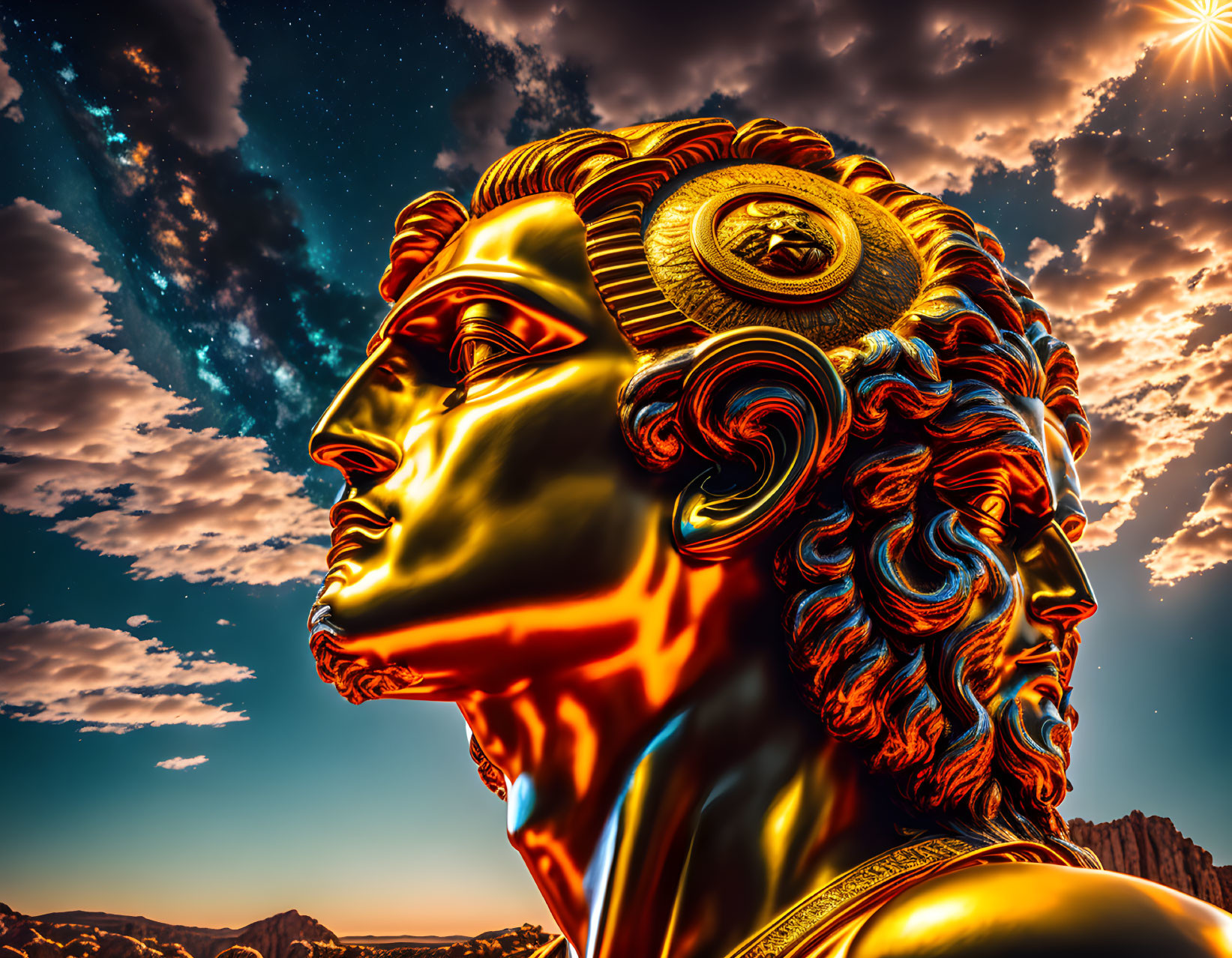 Dual-faced golden sculpture against vibrant sky with intricate detailing