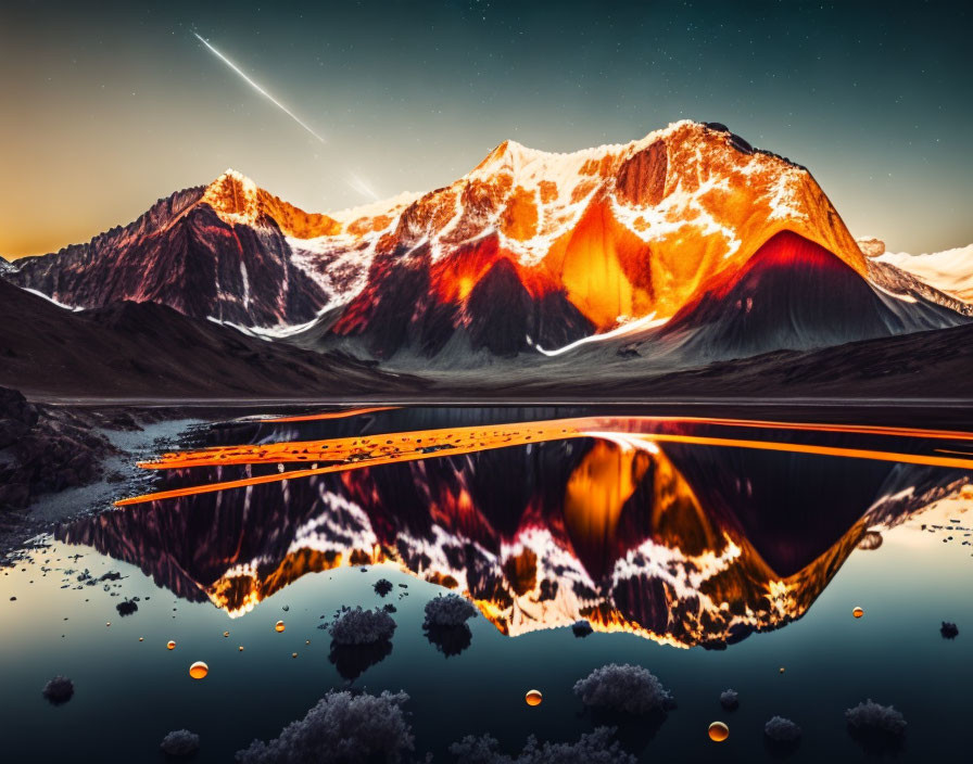 Tranquil mountain landscape at sunset with lake reflections and shooting star