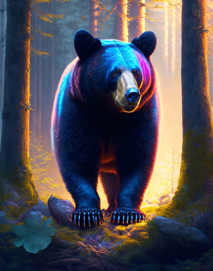 Iridescent fur bear in mystical forest with sunbeams