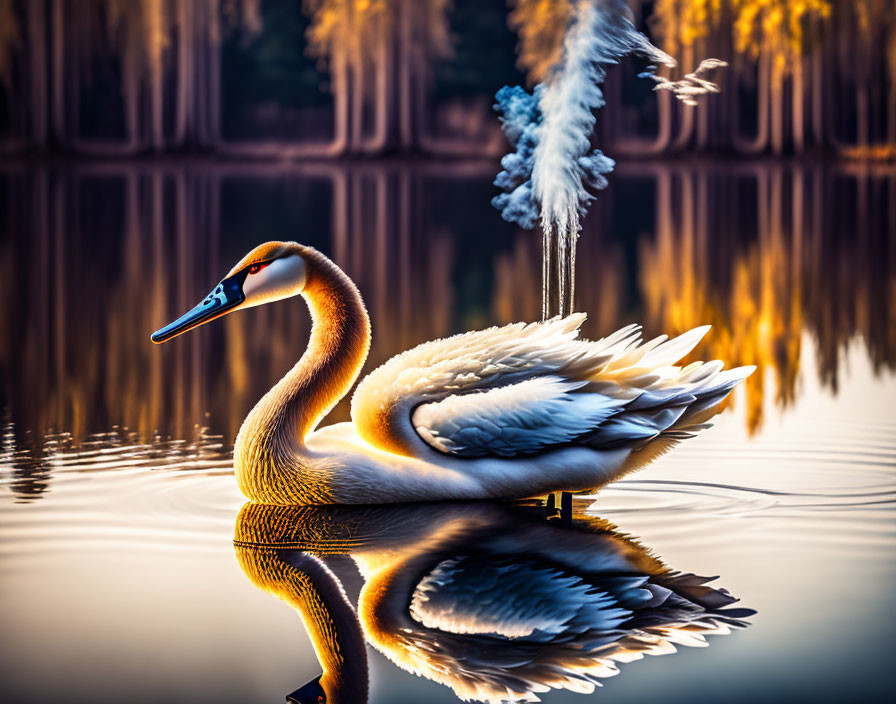 Swan with orange, white, and black feathers on calm water with golden trees and rising fog